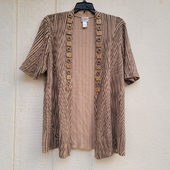 Chico's tan brwn open front sweater cardigan wmns sz 2 embellished short sleeve - Picture 1 of 4